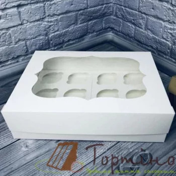 Коробка на 12 кексів (біла-молочна) з віконечком